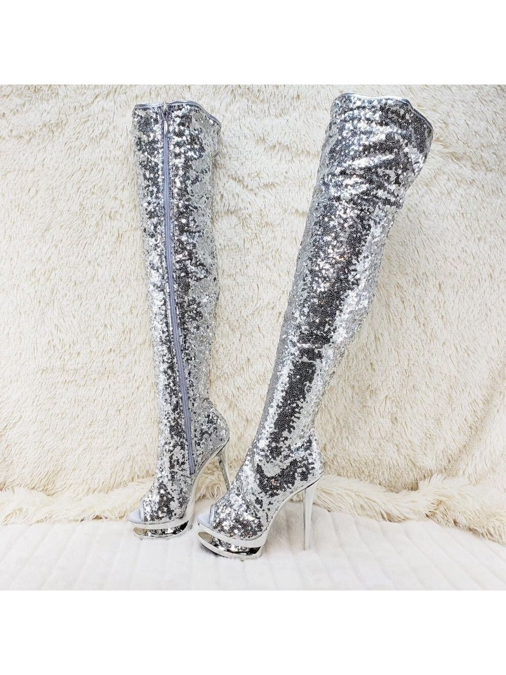 3011 Silver Sequin Open Toe Thigh High Heel Boots Blondie - Picture 14 of 15